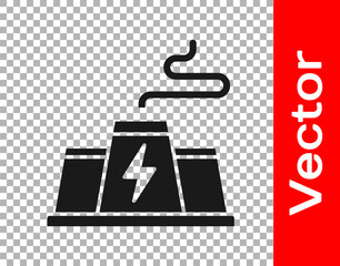 Black Power station plant and factory icon isolated on transparent background. Energy industrial concept. Vector.