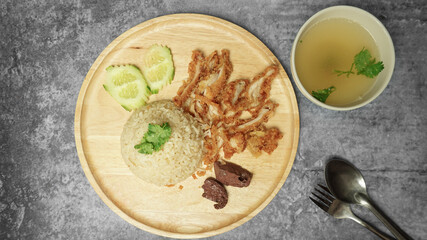 Thai street food, Fried chicken and rice.