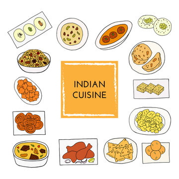 Vector hand drawn of indian cuisine set with aloo gobi, biryani, curry, kofta, naan, navratan, pakora, rasmalai. Design sketch element for menu cafe, restaurant. Illustration on a white background.