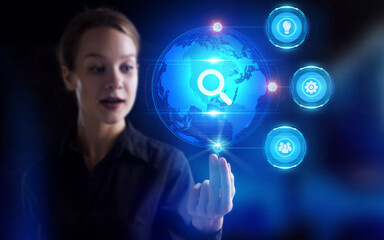 Fototapeta premium Business, Technology, Internet and network concept. Young businessman working on a virtual screen of the future and sees the inscription: