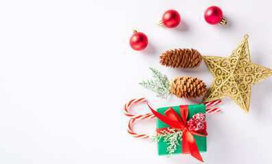 Christmas holiday composition gift boxes and decoration presents, Top view flat lay of Xmas ornament studio shot isolated on white background with copy space