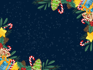 Fototapeta na wymiar green christmas background. Christmas cookie, star, cone, candy cane, leaves, mistletoe drawing