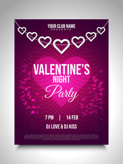 Valentine's night party invitation card or poster design with hanging hearts and abstract ornaments