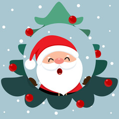 Cartoon vector Santa Claus and decorated christmas tree. Holiday background. Merry Christmas and Happy New Year.