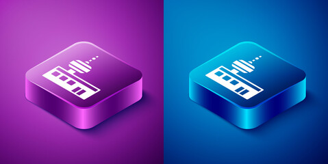 Isometric Airport control tower icon isolated on blue and purple background. Square button. Vector.