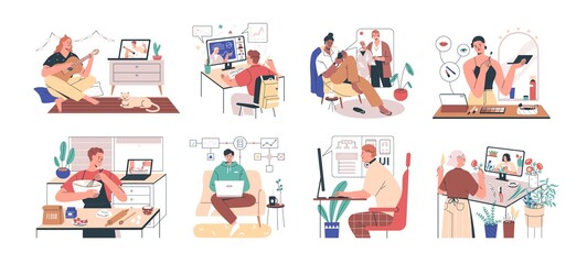 Online education and e-learning concept. Set of people learning online courses and studying makeup, playing guitar, style, UX and UI. Colored flat vector illustration isolated on white background