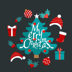 Christmas tree and decorative festive object. Merry Christmas and happy new year. Vector Illustration.