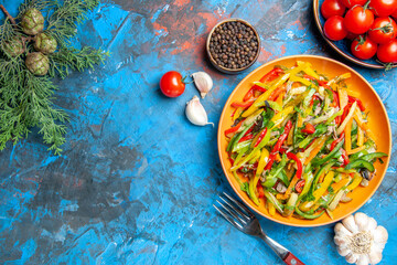 top view tasty vegetable salad with fresh tomatoes on blue background food photo health salad diet color free space