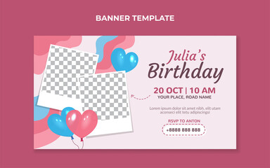 Birthday invitation banner template with heart shaped balloons