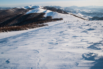 Winter in the Bieszczady Mountains. Carpathians covered in snow. 