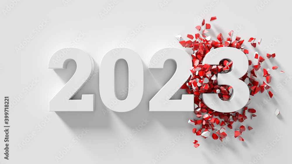 Poster 3d render of text title with changed date to a new year. white color with red fracture fragments.