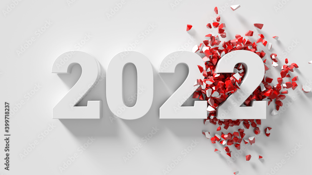 Poster 3d render of text title with changed date to a new year. white color with red fracture fragments.