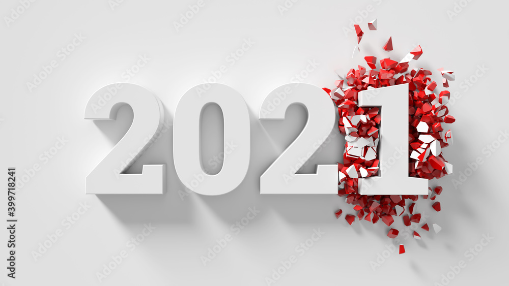 Poster 3d render of text title with changed date to a new year. white color with red fracture fragments.