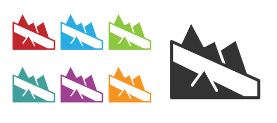 Black Mountain descent icon isolated on white background. Symbol of victory or success concept. Set icons colorful. Vector.