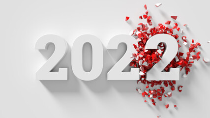3d render of text title with changed date to a new year. White color with red fracture fragments.