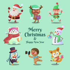 Cute Christmas characters hand drawn flat cartoon collection