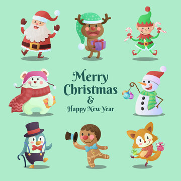Cute Christmas characters hand drawn flat cartoon collection