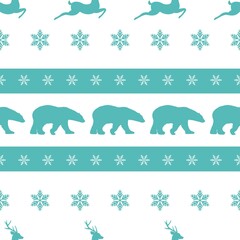 seamless winter pattern with white snowflakes, polar bears and deers with antlers.