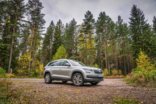 Sweden,Vimmerby-October 2020: Skoda Kodiaq parked in forest Mid size SUV manufactured by the Czech automaker Skoda Auto
