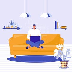 Working at home, coworking space. Young man is sitting with laptop on the yellow sofa at home. Freelancer working on laptop in apartment. Vector online education or social media concept illustration.