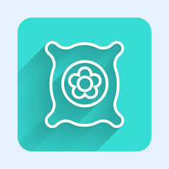 White line Pack full of seeds of a specific plant icon isolated with long shadow. Green square button. Vector Illustration.