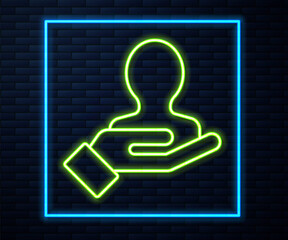 Glowing neon line Hand for search a people icon isolated on brick wall background. Recruitment or selection concept. Search for employees and job. Vector Illustration.