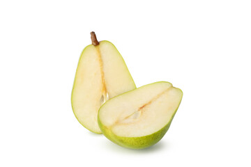Halves of green pear isolated on white background