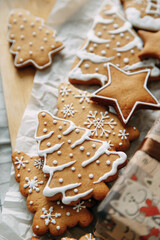 christmas flatley layout with cookies and a christmas tree. composition with ginger cookies and cones on a light background.