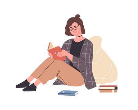 Happy modern young woman reading book sitting on floor. Smart female reader in glasses enjoying literature or studying and preparing for exam. Colorful flat vector illustration