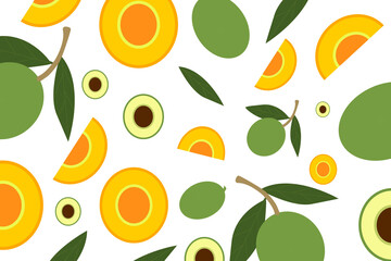 seamless pattern with avocados with leaves and its slices vector design for backgrounds, posters, banners, gift wraps illustration. 
