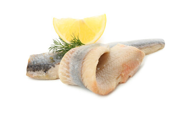 Fresh herring fish slices and spices isolated on white background