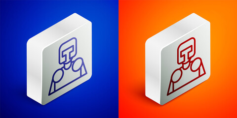 Isometric line Medieval knight icon isolated on blue and orange background. Silver square button. Vector.