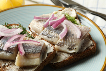 Plate with fresh herring fish, close up