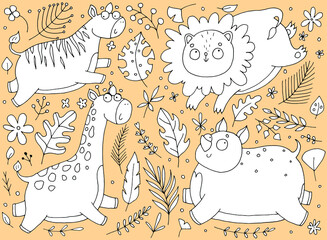 set of tropical plants, flowers and wild animals in the jungle, giraffe, zebra, lion, rhino, linear doodle illustration