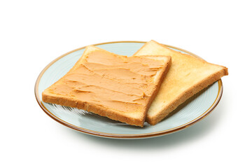 Plate with toast with peanut butter isolated on white background