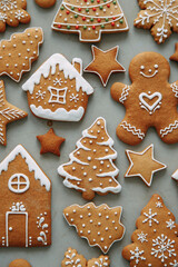 Obraz na płótnie Canvas Winter holiday pattern-a set of gingerbread, the layout of the pattern. cookies in the form of a house, a christmas tree, a person, a star decorated with icing.
