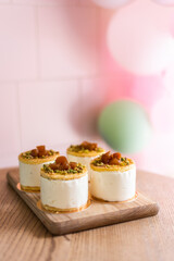 Delicious airy dessert mousse. Cake with berries. The treat is on a table in a cafe. Anna Pavlova