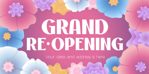 Vector advertising banner for grand opening or re-opening illustration with flowers