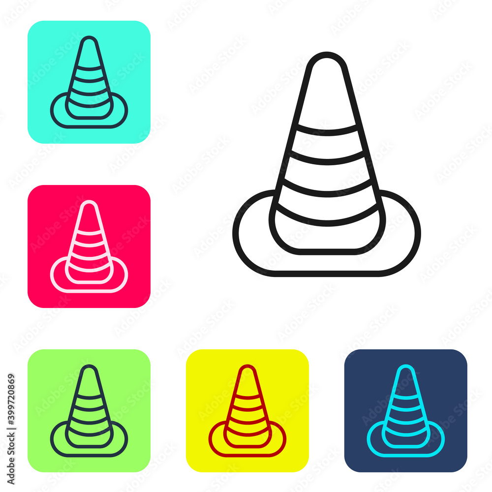 Poster black line traffic cone icon isolated on white background. set icons in color square buttons. vector