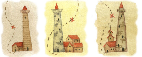 Illustrations with lighthouses. Three different pictures and three lighthouses with houses. Treasure map and treasure