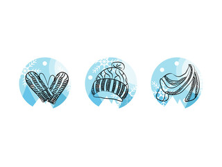 Winter headwear, gloves and scarf icons set. Hand drawn icons for web design isolated on white background
