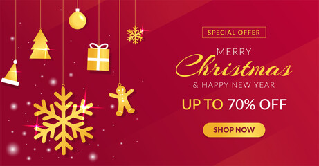 Fototapeta na wymiar Christmas sale banner with golden decoration