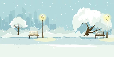 Foto op Plexiglas Abstract landscape -- winter park in the big city. Vector illustration, background with trees and high buildings.  © imagination13