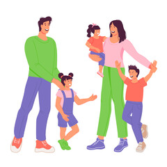 Happy family of mother, father and three kids, flat vector illustration isolated on white background. Large family together standing and smiling. Parents and children - brother and sisters.