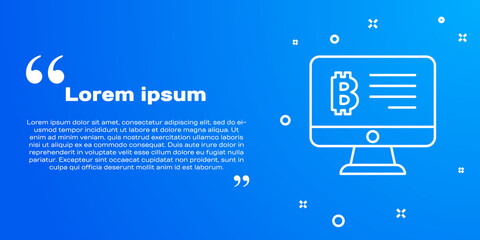 White line Mining bitcoin from monitor icon isolated on blue background. Cryptocurrency mining, blockchain technology service. Vector.