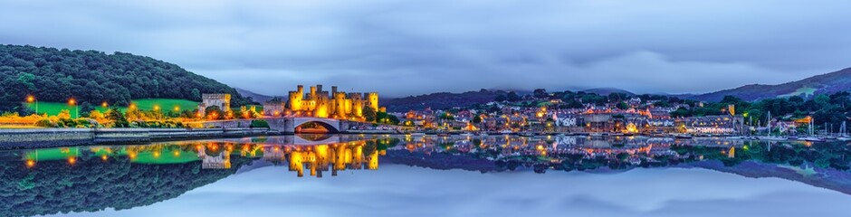 Fototapeta na wymiar Panorama of Conwy town with reflection in North Wales, UK