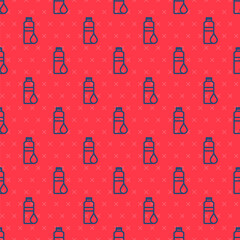 Blue line Fitness shaker icon isolated seamless pattern on red background. Sports shaker bottle with lid for water and protein cocktails. Vector.