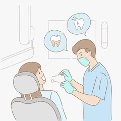 Dentist is treating the patient with tartar, fractured teeth in dental clinic. Dental concept. Hand draw style. Vector illustration.