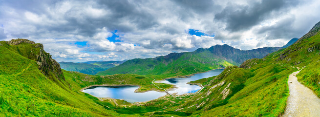 Panorama of beautiful landscape of Snowdonia National Park in North Wales overlooking Llyn Llydaw...