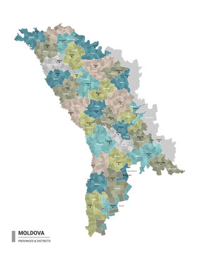 Moldova higt detailed map with subdivisions. Administrative map of Moldova with districts and cities name, colored by states and administrative districts. Vector illustration.